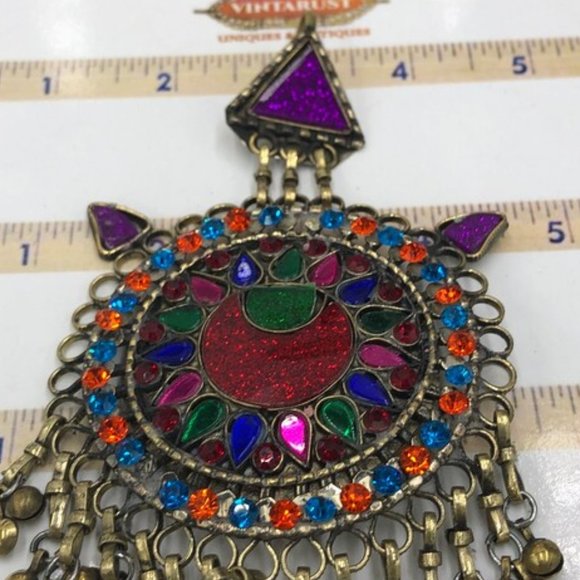 Afghan Vintage Multicolor Glass Stones Teeka, Massive Teeka With Dangling Bells main image 5